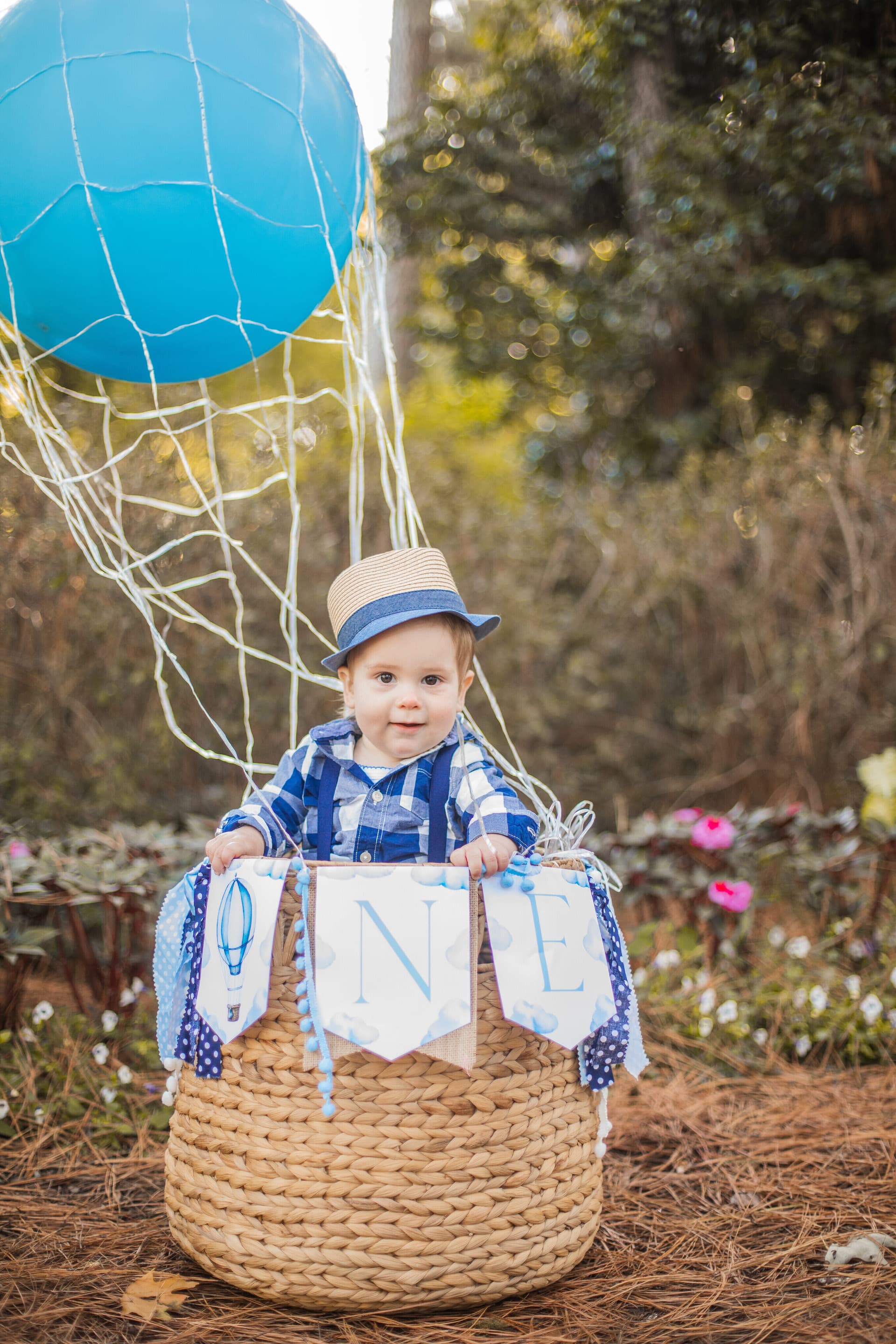 Baby boy sitting in a hot air balloon prop with a 'ONE' milestone banner for his first birthday