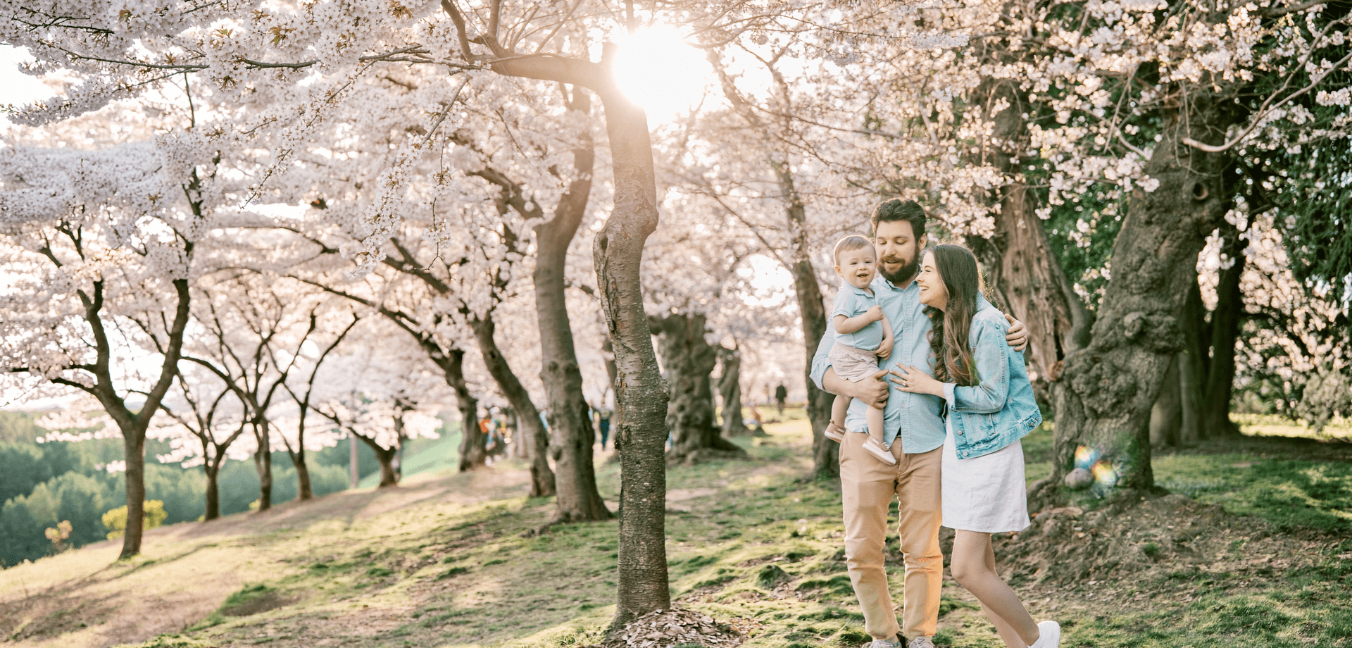 A couple smiles together, surrounded by the beautiful sights of Washington DC & cherry blossoms in a romantic photo session.