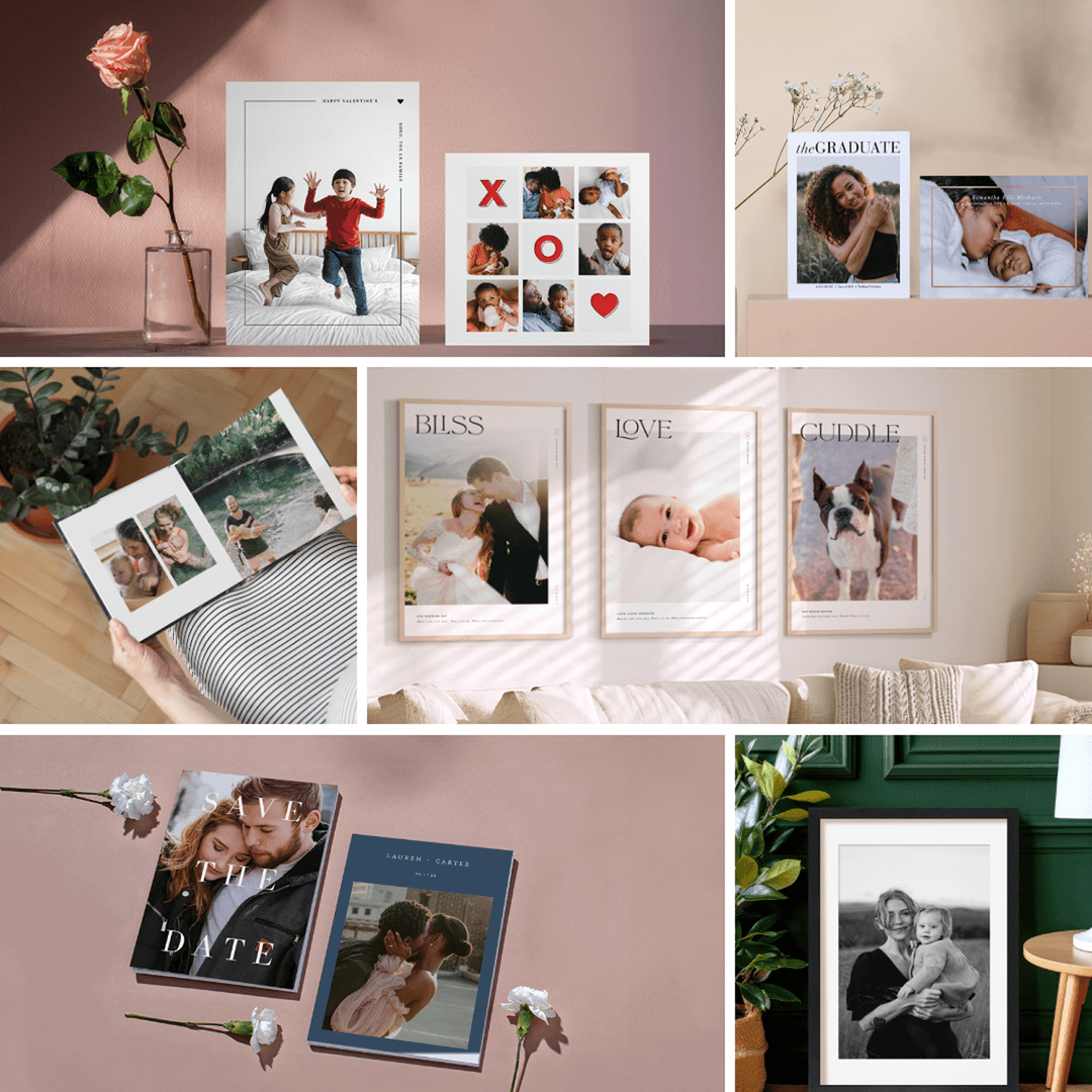 Display of paper culture printed cards, framed prints, and photobooks with a spring theme