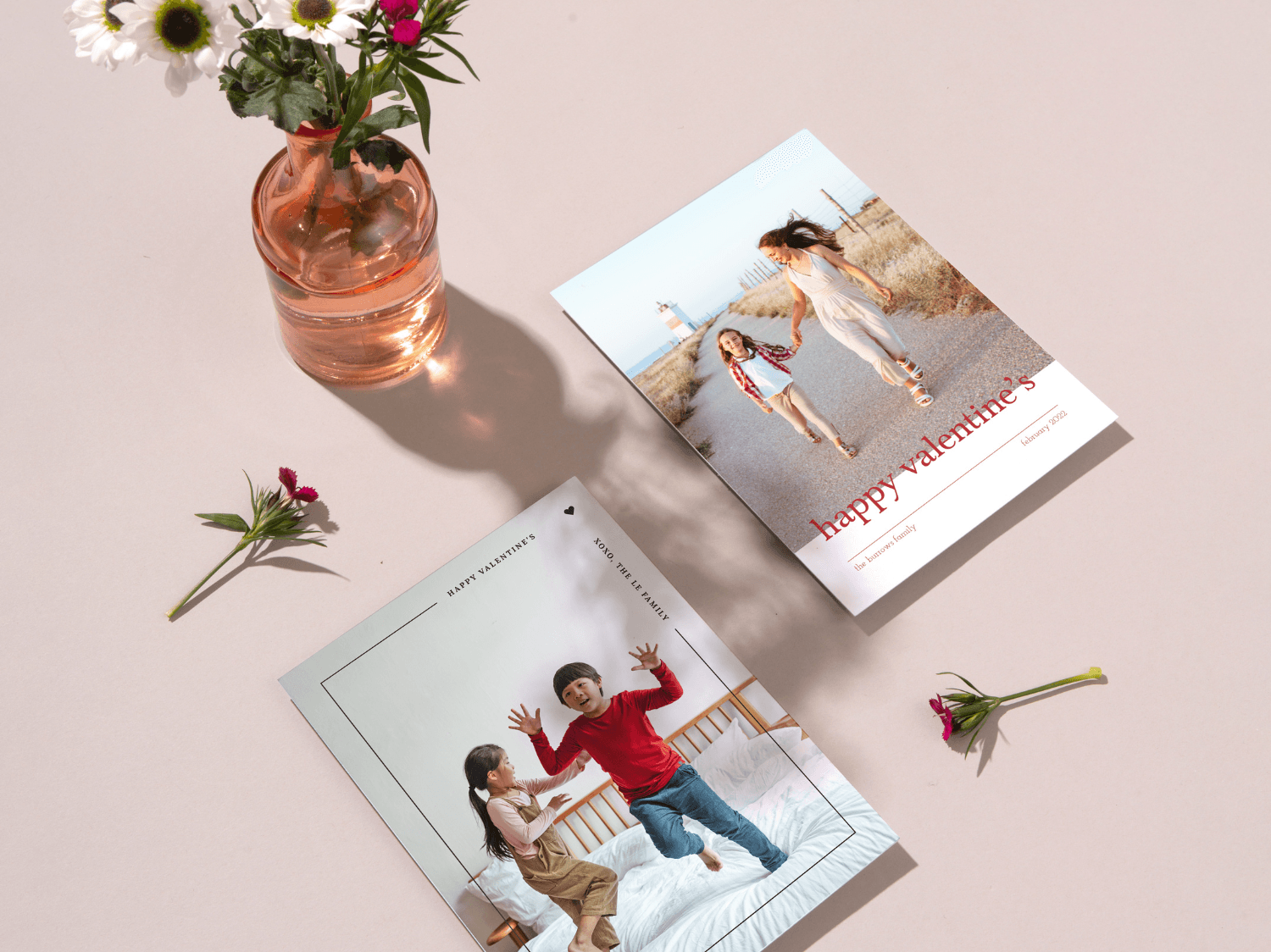 Paper Culture Valentine's Day printed cards displayed on a tabletop with a flower vase