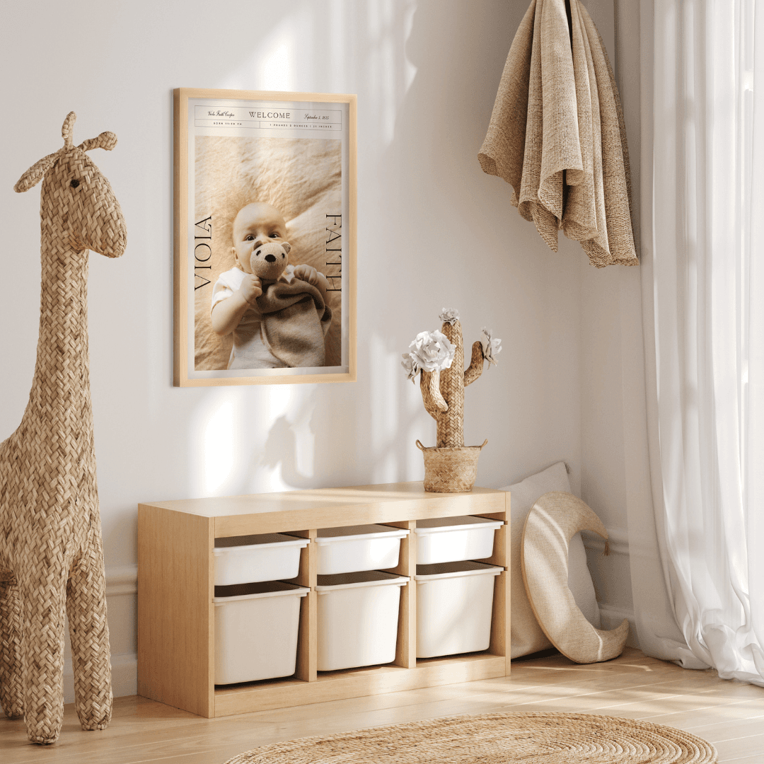 Paper Culture framed pet print displayed in a child's room with a giraffe decoration