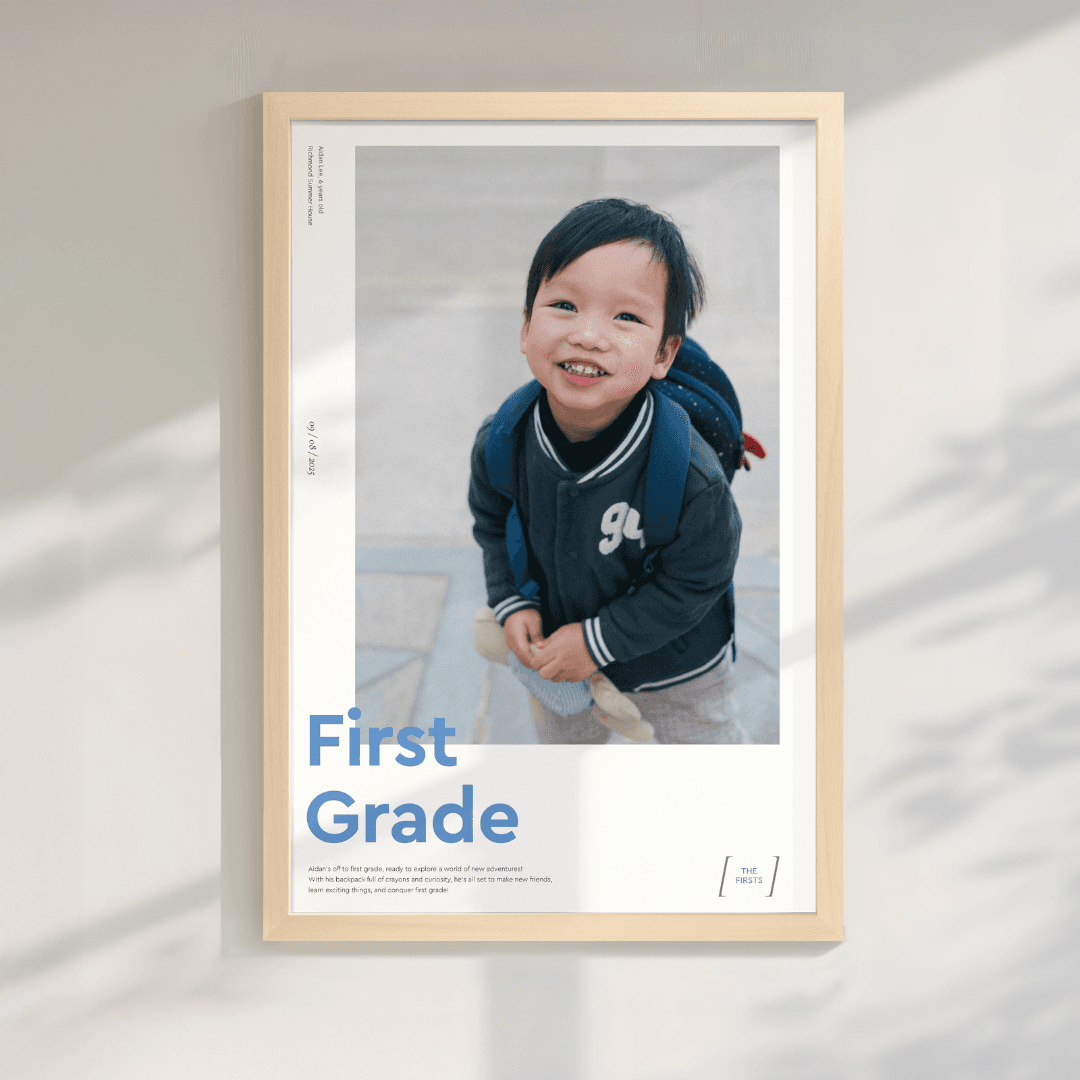 Paper Culture 'First Grade' framed print of a child displayed against a wall