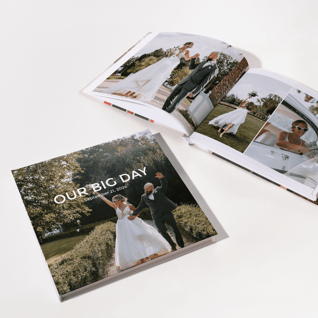 Paper Culture wedding photobook with 'Our Big Day' cover, shown open and closed