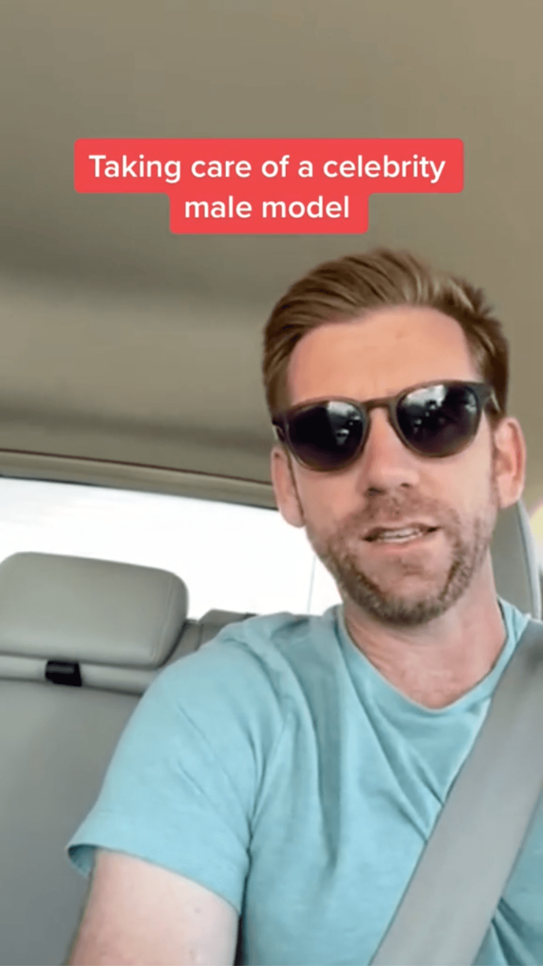Man in sunglasses sitting in a car with an overlaid text about a celebrity male model.