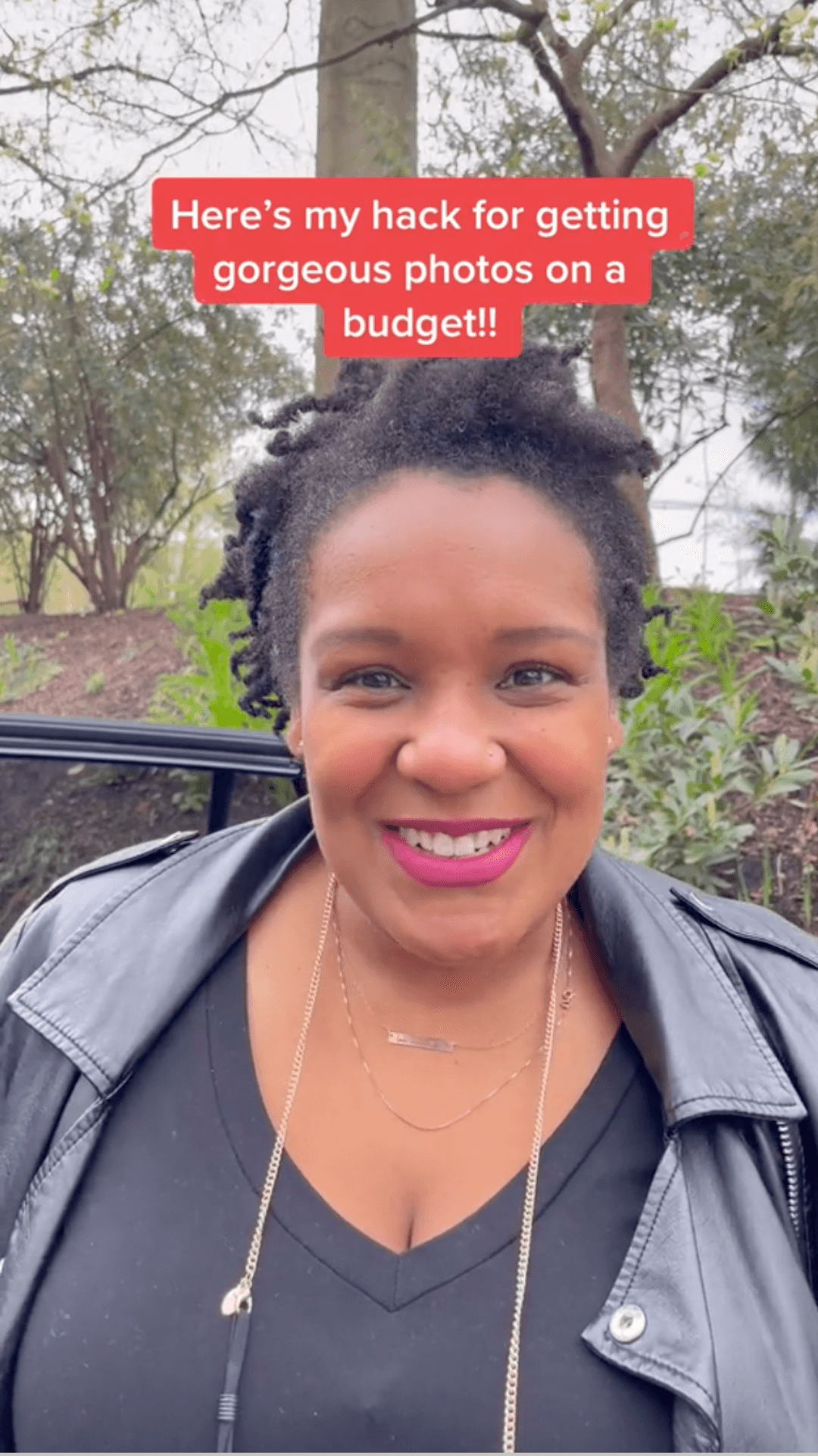 A smiling person with a text overlay about a photography hack on a budget.