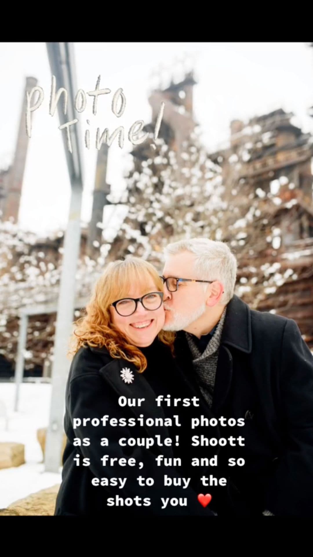 A couple kissing in a snowy scene with text overlays about their first professional photo shoot.