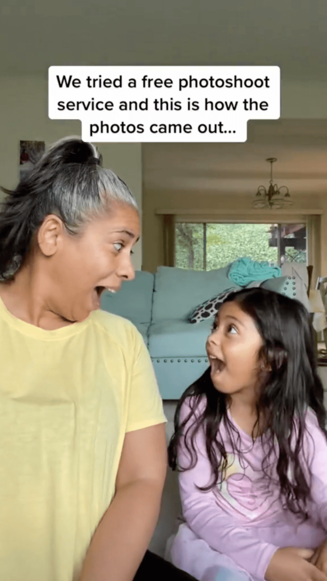 Two people with surprised expressions and a caption about trying a free photoshoot service.