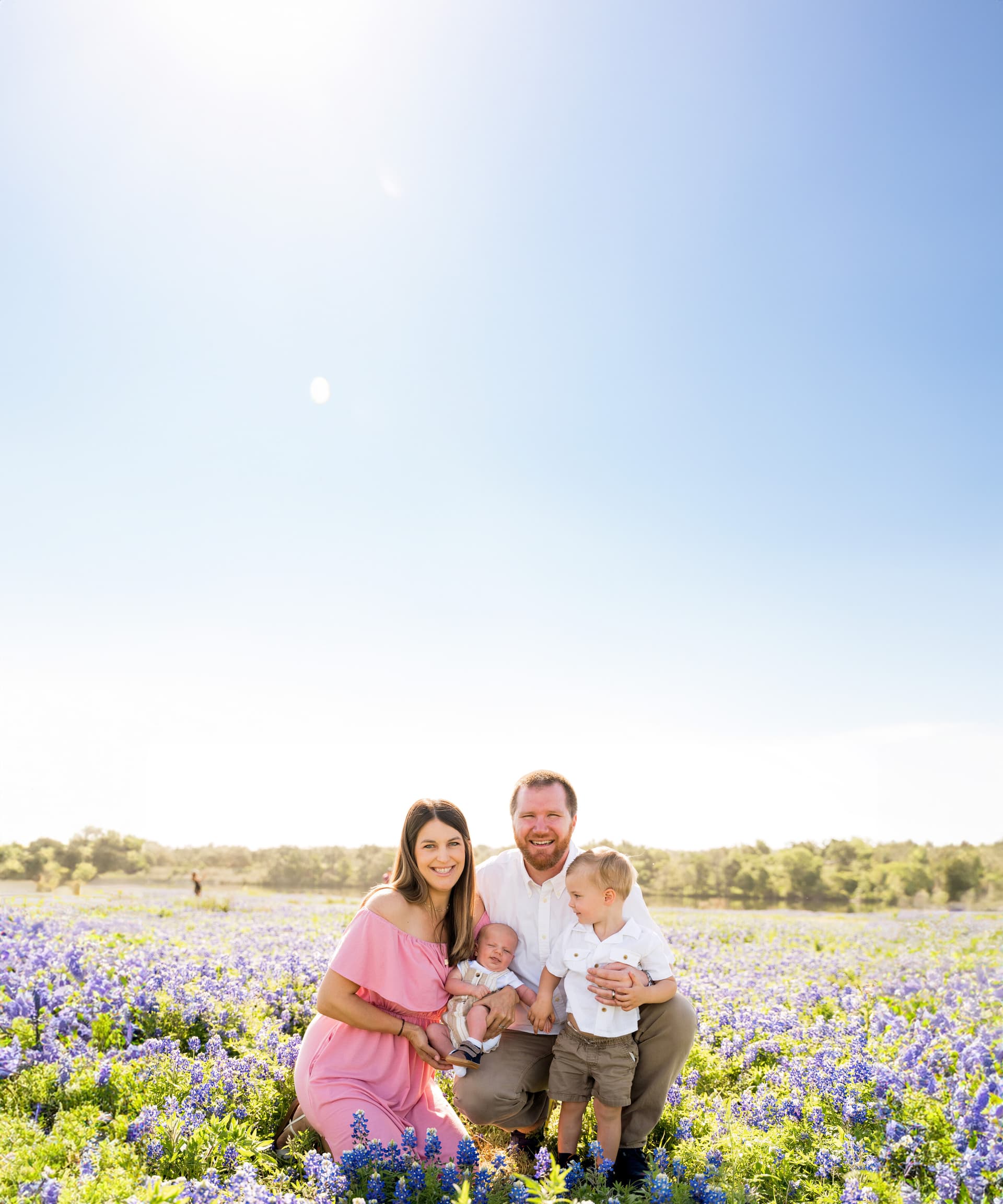 Family of four posing together in a field of bluebonnets on a sunny day
