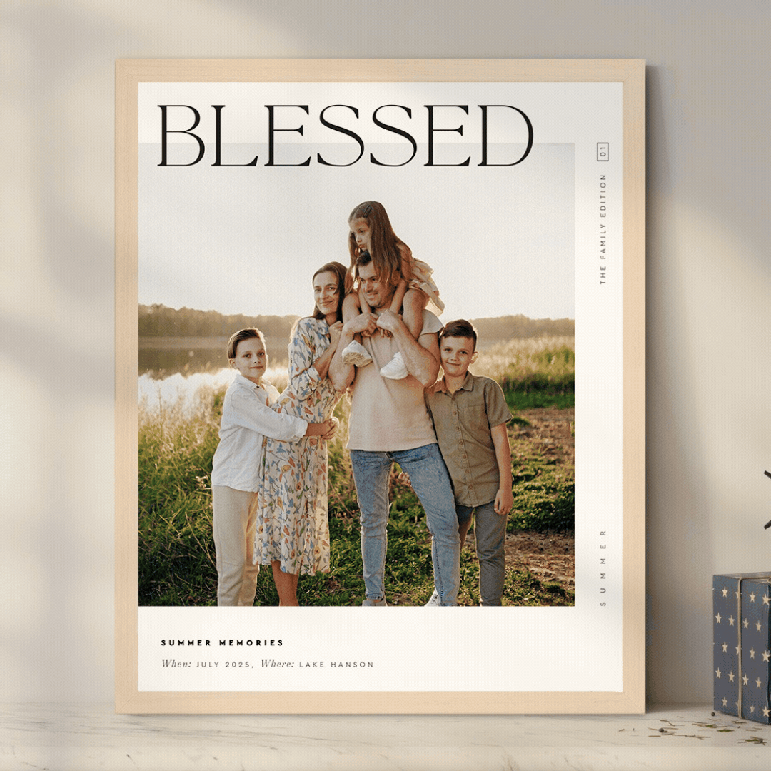 Paper Culture 'Blessed' family framed print displayed next to a holiday gift