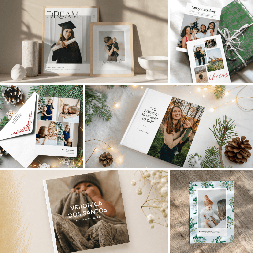 Display of paper culture printed cards, framed prints, and photobooks with a holiday theme