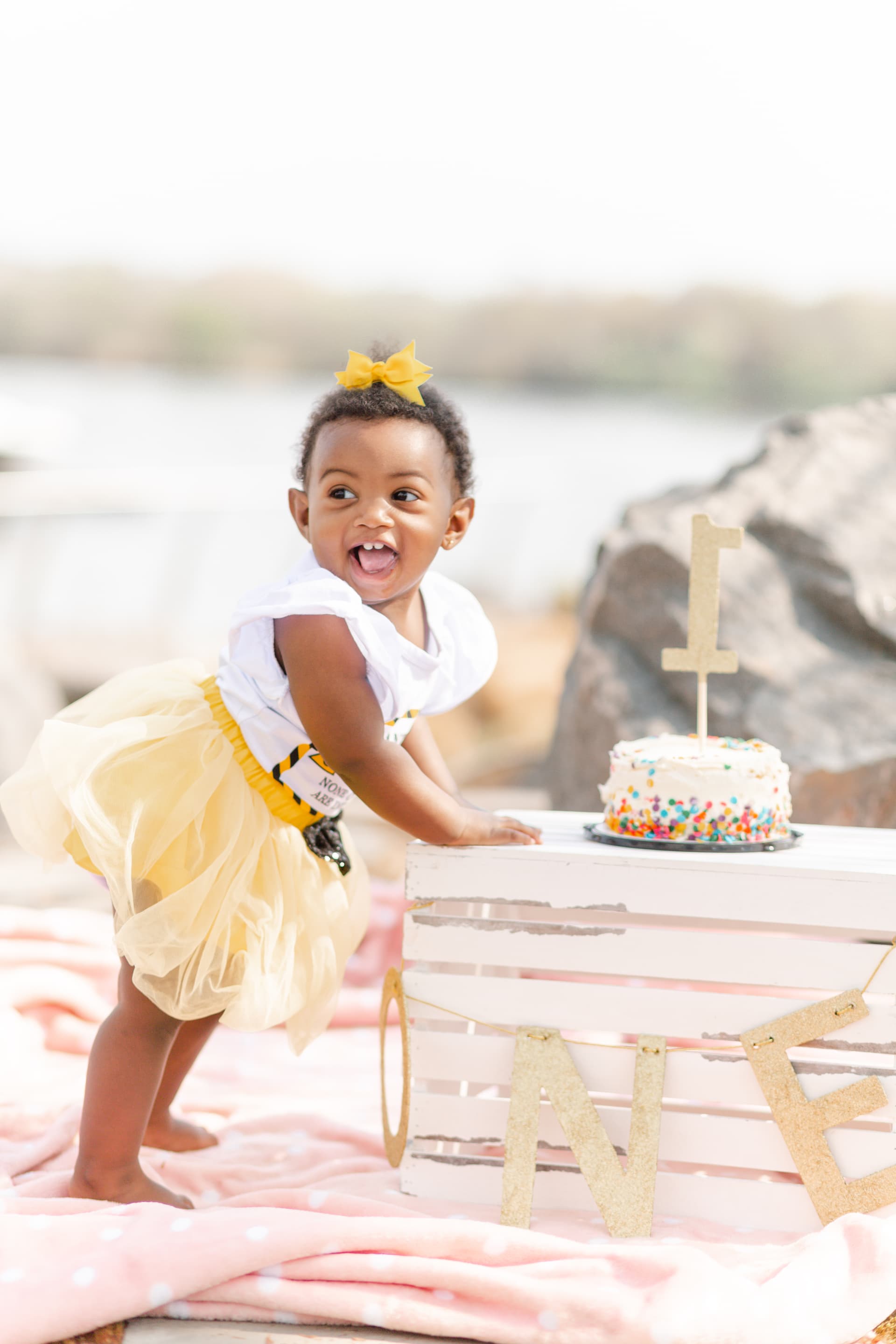 A joyful toddler standing next to a cake on a "ONE" decorated crate for a first birthday photo shoot.
