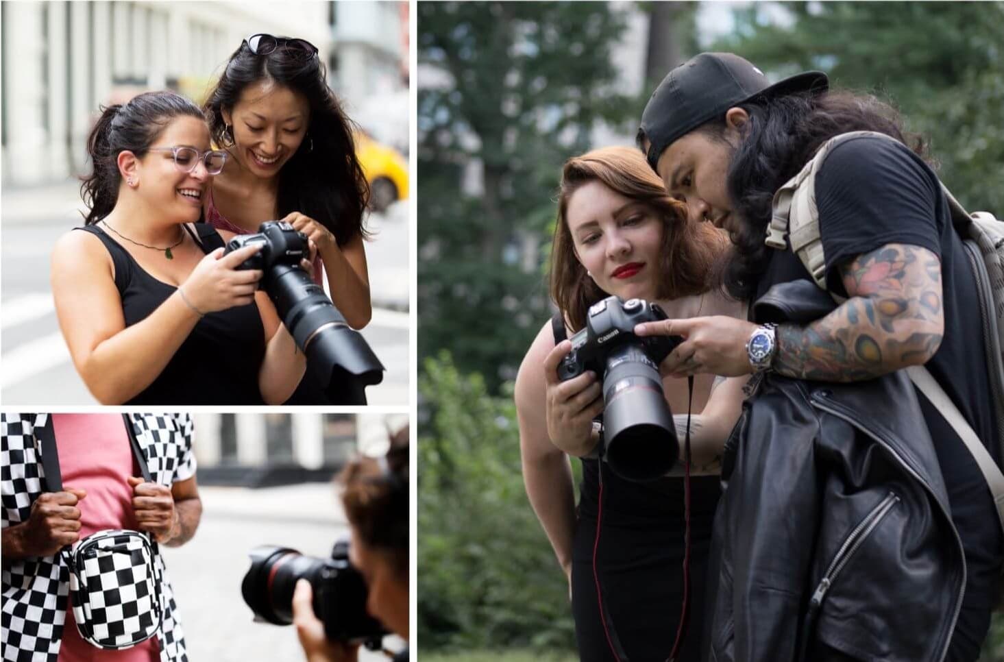 Two people holding cameras and reviewing photos together outdoors