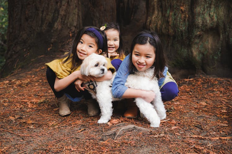 Three smiling children posing with a white dog under a large tree