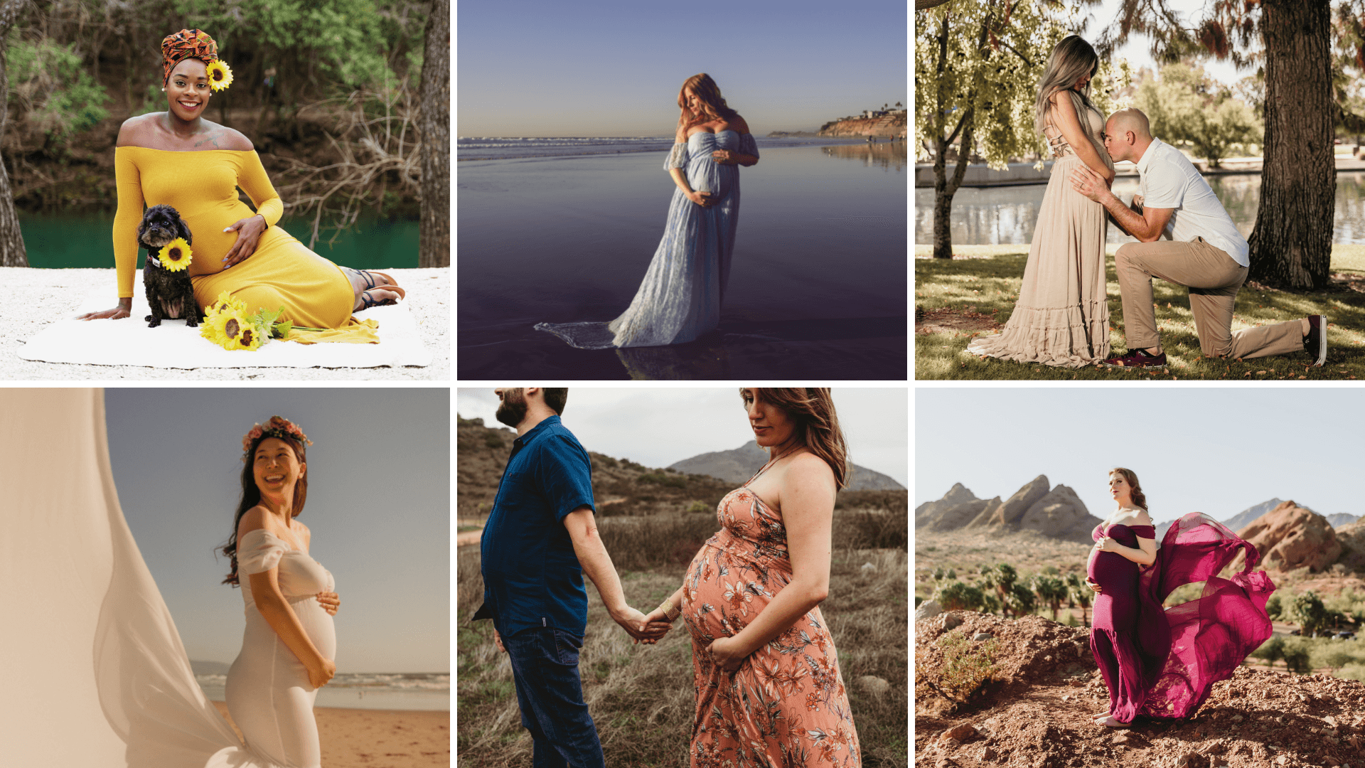 A collage of six maternity photoshoots featuring pregnant individuals in various outdoor settings.