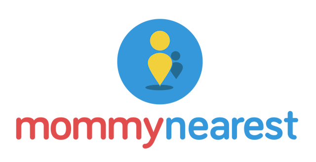 Logo of Mommy Nearest with a blue circle and yellow pin symbol.