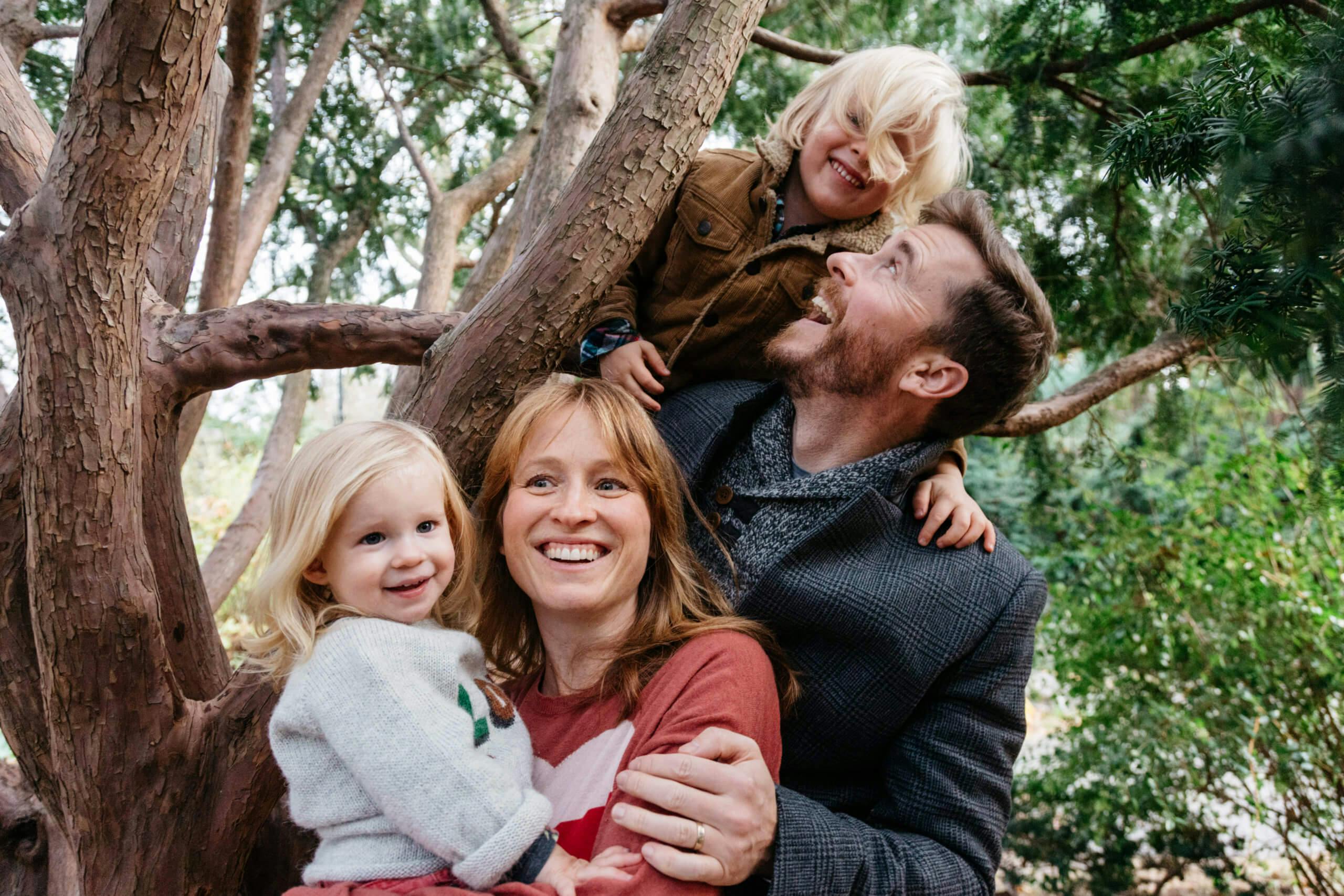 Family of four laughing together with one child in a tree and the other held by the parents