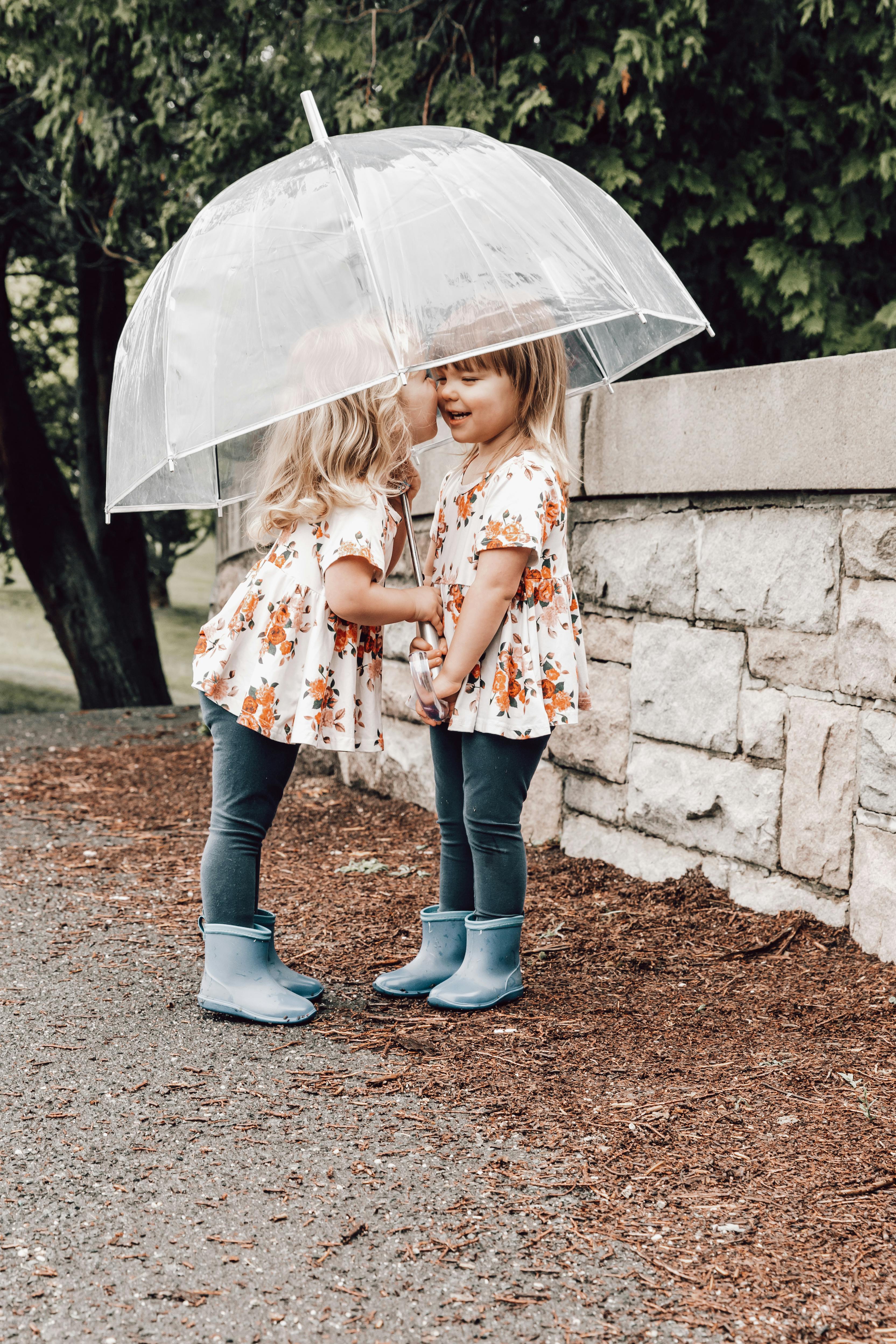 Two young girls holding a clear umbrella outdoors.