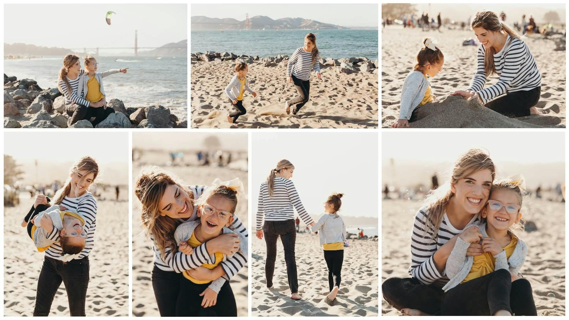 A collage of images showing a woman and child playing on the beach.