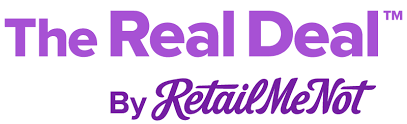 Logo of "The Real Deal by RetailMeNot" in purple font.