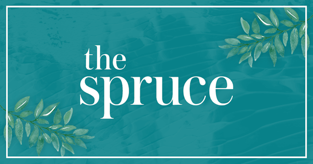 Graphic with the text "the spruce" in white over a teal background with leaf illustrations on the edges.