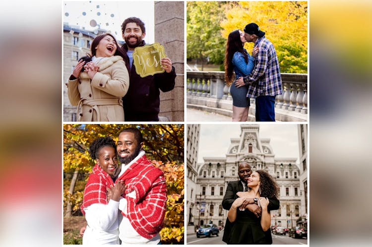 A collage of four images showing happy couples in different outdoor settings, embracing or kissing.