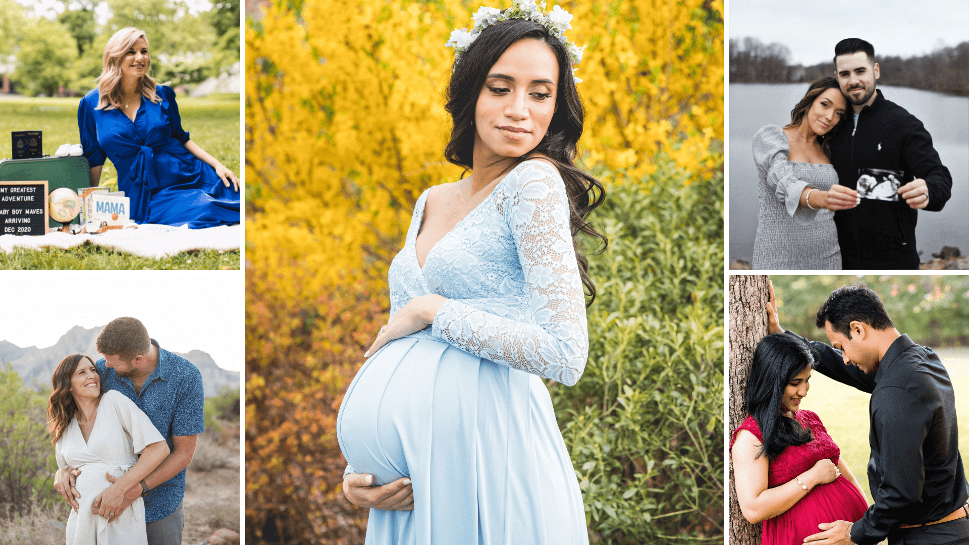 A collage of maternity photos featuring pregnant individuals and couples in various outdoor settings.