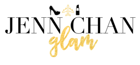 Logo of Jenn Chan Glam with black text, gold glitter, and symbols of a dress and microphone.