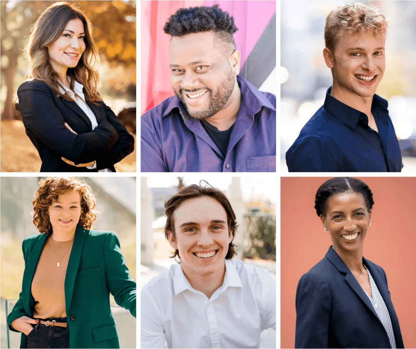 Six professional headshots of diverse men and women in business attire taken during free Shoott professional headshot photo sessions in Houston