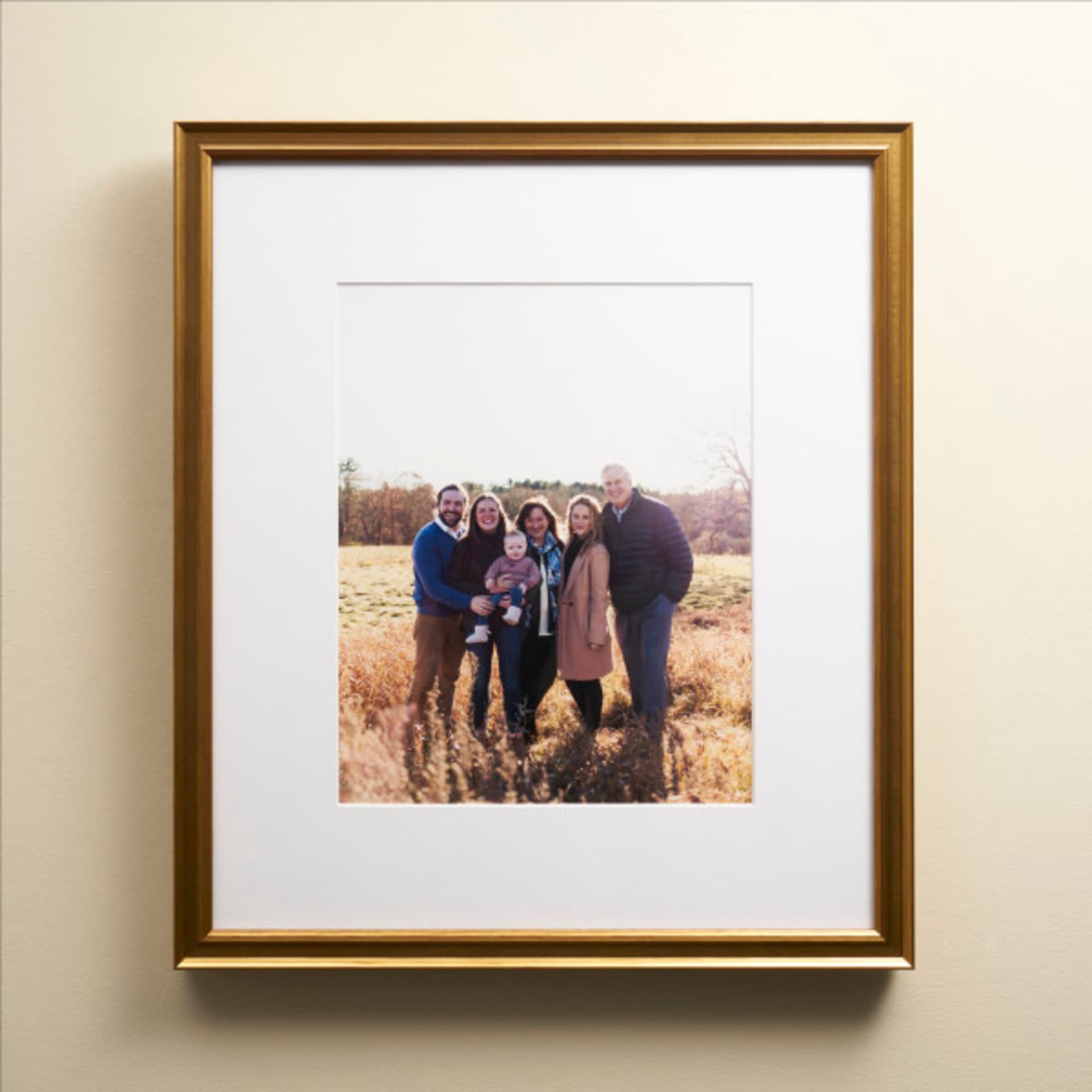 "Framed family photograph hanging on a wall."