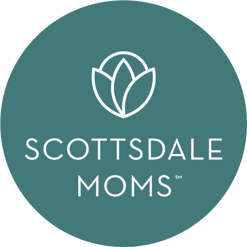 Logo of Scottsdale Moms with mint green background and white text and leaf symbol.