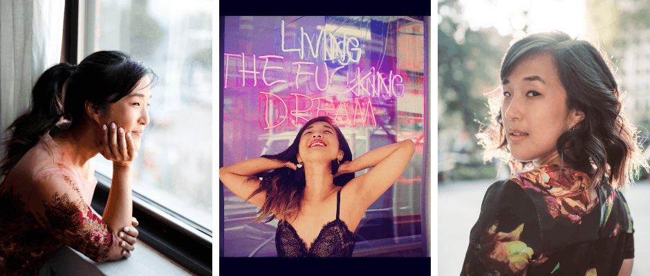 Three separate images of a woman in different settings: looking out a window, laughing with neon signs behind, and standing on a street.