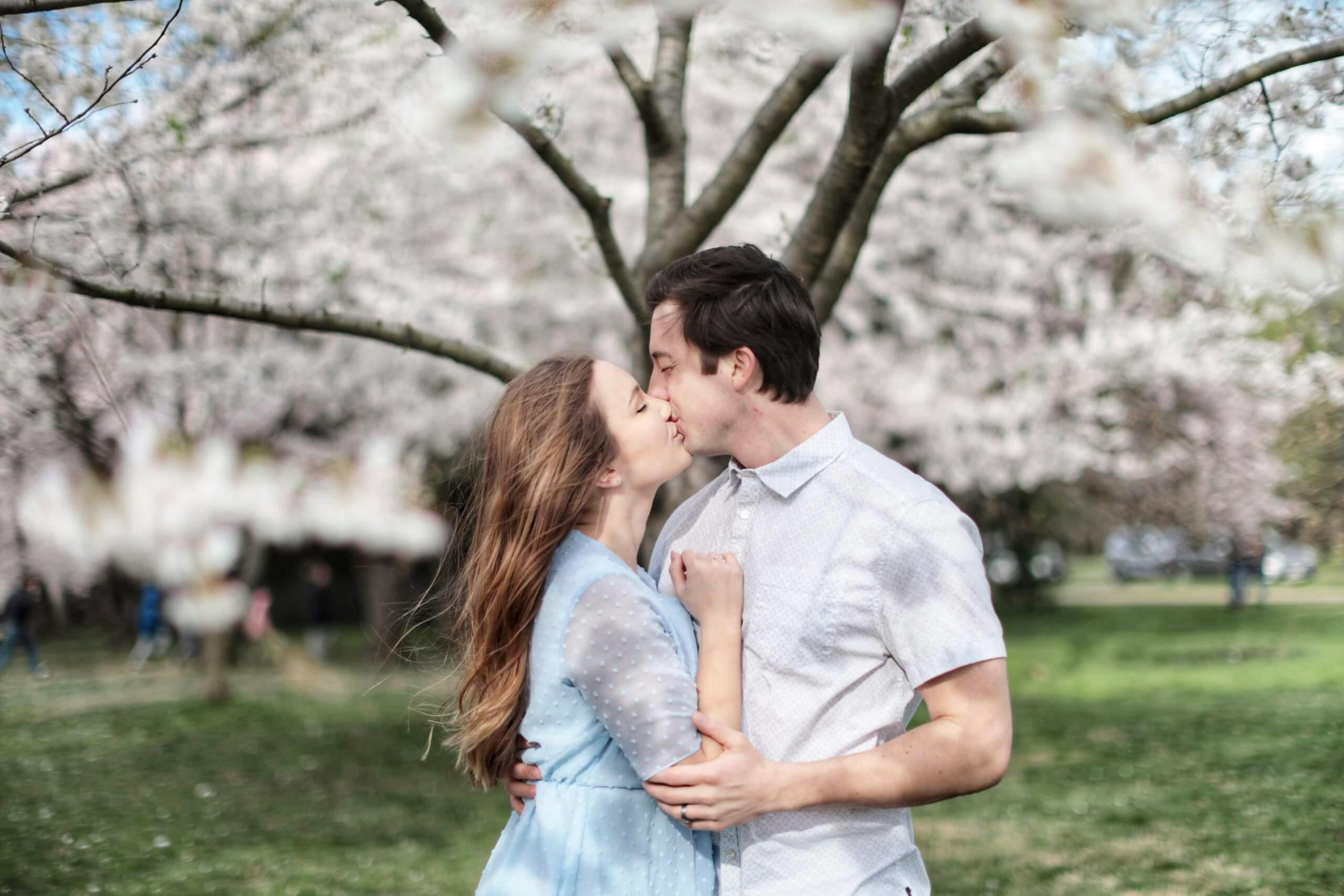 A couple kissing with a backdrop of cherry blossom trees.