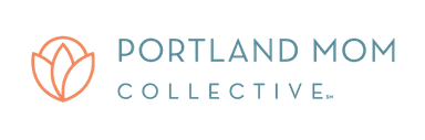 Portland Mom Collective logo with leaf symbol in orange and blue text