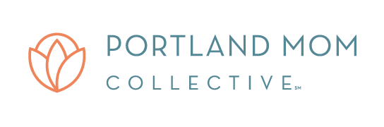 Portland Mom Collective logo with leaf symbol in orange and blue text