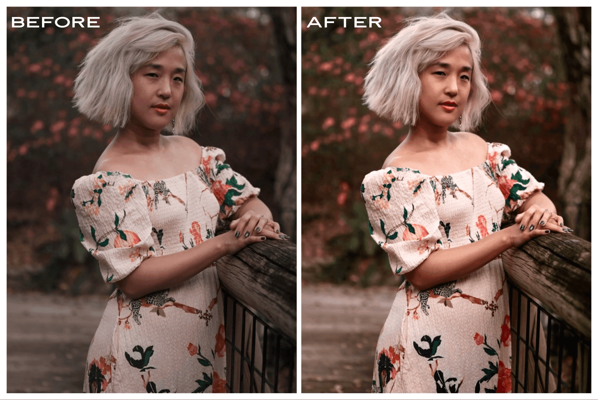 Comparison image showing a woman before and after photo editing, standing by a fence with autumn leaves